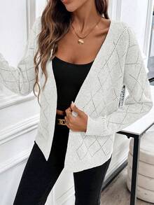EMERY ROSE Cardigan décontracté et confortable à motif de diamant ajouré pour femmes - Blanc - Voir 3