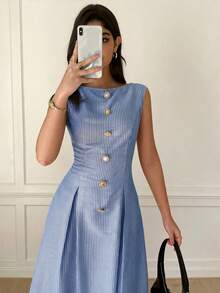 Solavon Vestido plisado sin mangas con decoración de hebilla de metal y estampado de rayas, estilo elegante de vacaciones para el verano - Azul - Ver 7