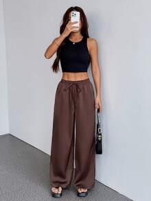 SHEIN PETITE 女士夏季乡村音乐会外出海滩装扮波西米亚风简约水洗100%纯棉白色弧形裤脚裤 - 棕色 - 查看 7