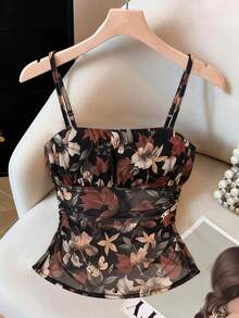 Franclia Women's Floral Print Ruched Fashionable Versatile Date Night Camisole Women Tops Flower Top Elegant Women's Crop Top Corsets Bustier Dress Tube Top With Bra - Multicolor - View 1