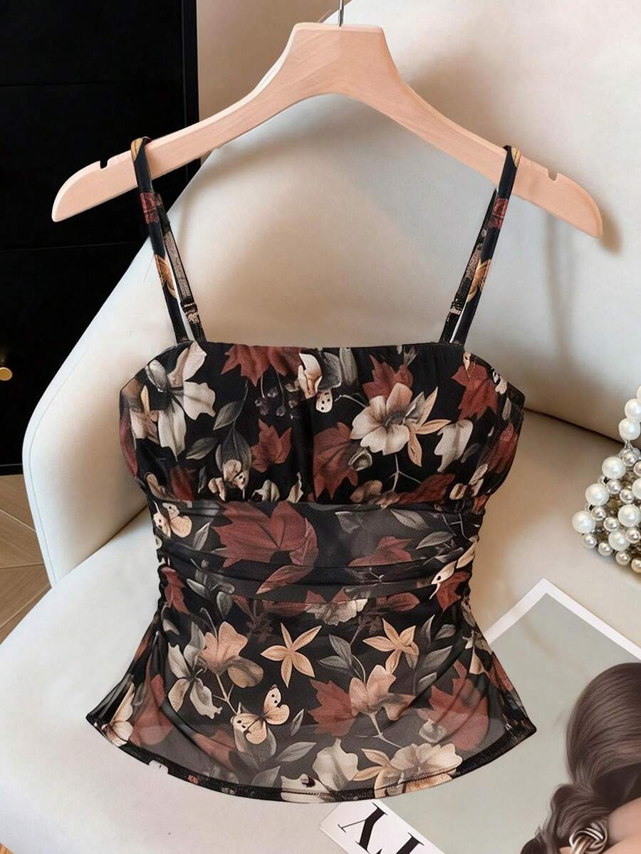 Franclia Women's Floral Print Ruched Fashionable Versatile Date Night Camisole Women Tops Flower Top Elegant Women's Crop Top Corsets Bustier Dress Tube Top With Bra - Multicolor - View 1