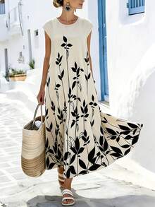 Breezaya 女士休闲度假圆领宽松A字树叶印花长连衣裙，春夏款 - 杏色 - 查看 6