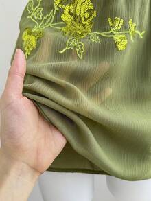 Elamini Chân váy ngắn màu xanh lá cây xuyên thấu thêu họa tiết kiểu Trung Quốc mới, gợi cảm dành cho nữ. - xanh quân đội - Xem 3