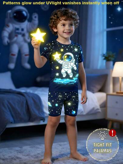 Conjunto de pijama ajustado de niños pequeños con estampado de astronauta que brilla en la oscuridad y pantalones con estampado de estrellas, para verano (requiere exposición a luz UV), regalo para bebé