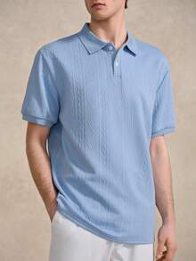 Manfinity 男士纹理针织 Polo 衫，浅蓝色/婴儿蓝纹理网球/高尔夫 Polo 衫，带口袋，透气，常规版型，父亲节礼物 - 淺藍色 - 查看 3