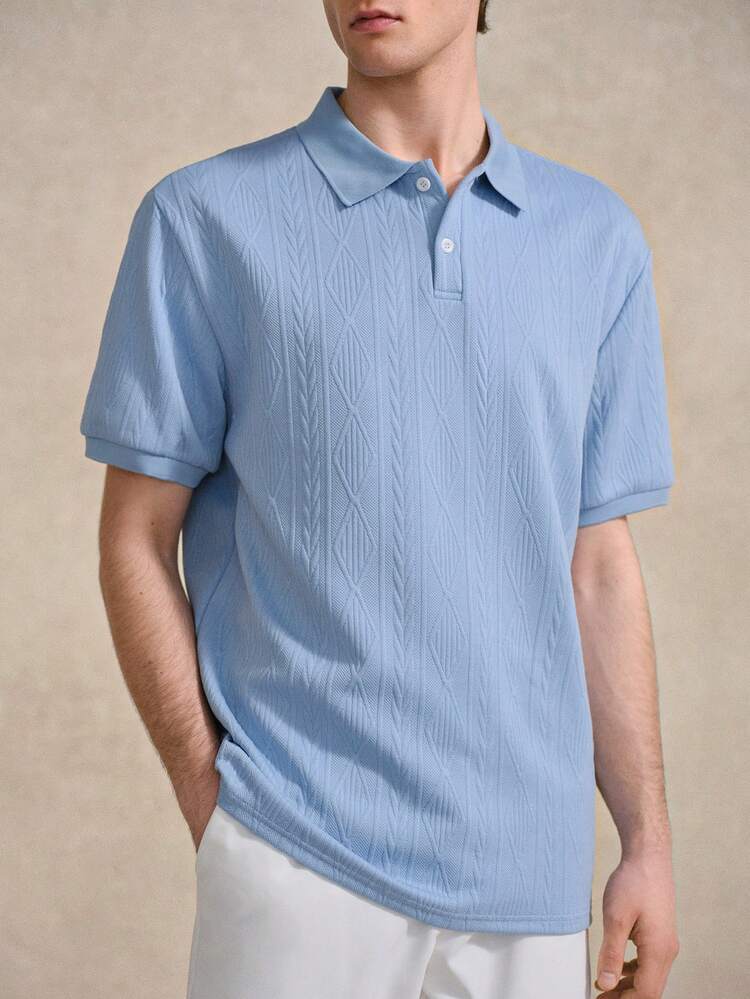 Courvante 's Design 針織淺嬰藍紋理 Polo 衫，純色短袖，附口袋，透氣，標準版型，適合網球與高爾夫球運動 - 淺藍色 - 查看 3