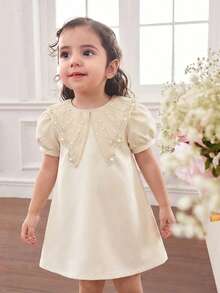 SHEIN 女婴圆领仿珍珠装饰休闲派对节日泡泡袖连衣裙 - 白色 - 查看 5