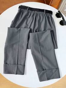 SHEIN Franclia Pantalones de traje de talle alto y cintura estrecha de 7/8 de longitud versátiles para mujer con cinturón - Gris Claro - Ver 2