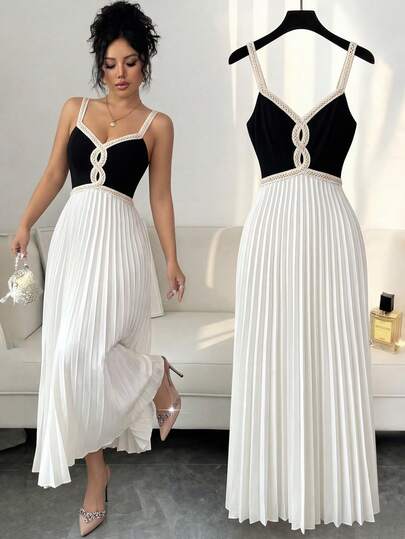 Elenzga Sleeveless V-Neck Waist Cinched Contrast Color A-Line Pleated Dress, Elegant Romantic Delicate Dress For Women, Wedding Season, Party, Floral Trim Decoration