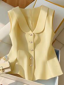 Franclia 优雅无袖黄色衬衫，时尚显瘦夏季女式上衣 - 黃色 - 查看 3