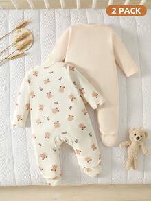 SHEIN Bộ 2 món áo liền quần cho bé sơ sinh, unisex, in hình gấu nâu, tay dài, cổ tròn, thích hợp cho mùa xuân và mùa thu. - Màu vàng - Xem 2