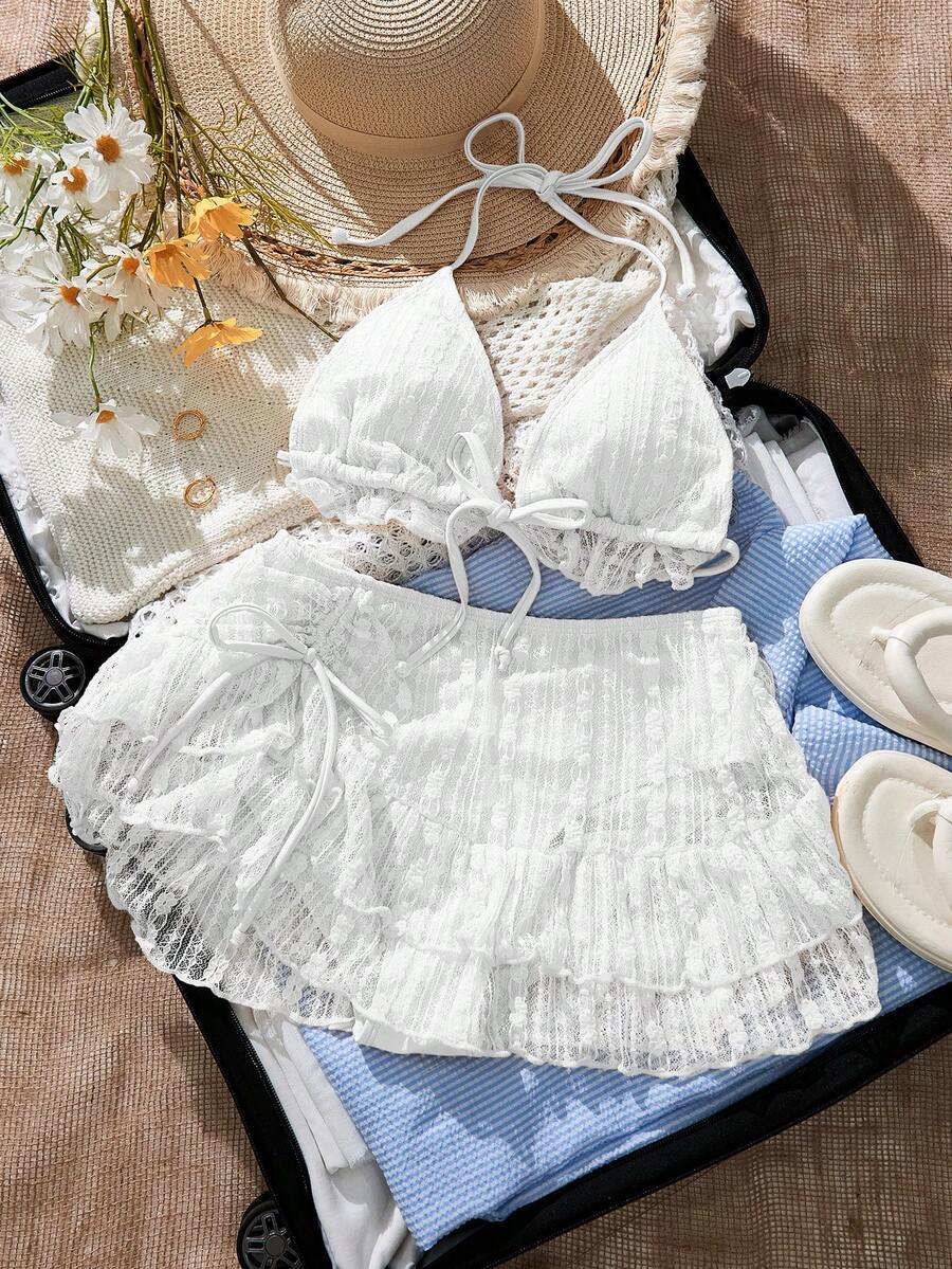 Bellisia 女士甜杏色蕾丝三角罩杯比基尼泳装及沙滩裙套装,夏季度假 - 白色 - 查看 1
