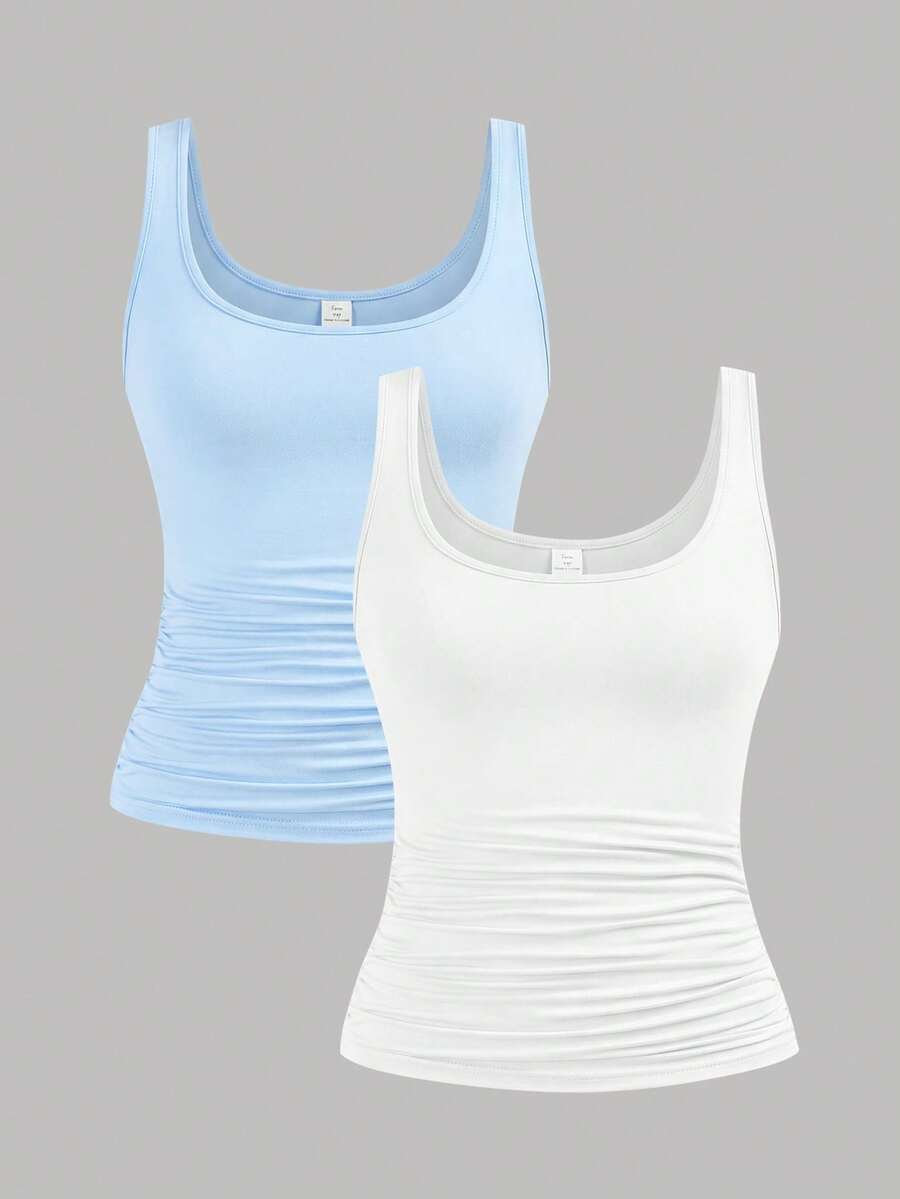 SHEIN Girlism 两件套少女休闲圆领褶皱腰部吊带背心套装，蓝白相间，适合日常休闲、百搭、居家穿着 - 藍色 - 查看 1