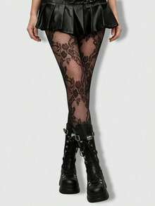 ROMWE Goth Medias de red sexy con diseño calado y alta elasticidad con estampado floral, adecuadas para el uso diario de las mujeres - Blanco y Negro - Ver 7