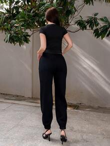 Bris Aura 纯色弹性腰部运动裤，复古款，女式慢跑裤 - 黑色 - 查看 2