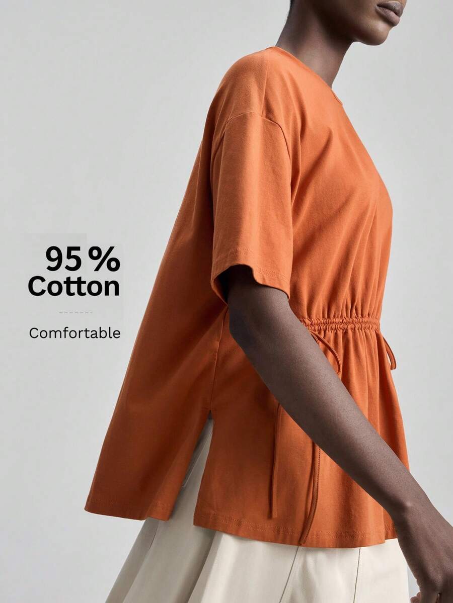 Ontre Camiseta de mujer cómoda, amigable con la piel, de alta calidad, con tela elástica, corte holgado, cuello redondo, hombros caídos, manga media, decoración de fruncido con cordón delantero, estilo casual de resort de moda, con un toque vintage discreto, ropa de crucero de alta gama, con sensación de lujo minimalista de Oriente Medio, versátil esencial, casual de negocios, para el transporte urbano, moda de alta calidad para el aeropuerto, vestido de temporada a juego, serie de resort - Óxido marrón - Ver 1
