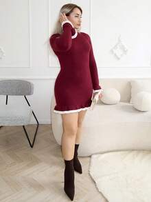 salliqueen 时尚荷叶边下摆女士毛衣连衣裙，适合约会和度假穿着 - 酒紅色 - 查看 6