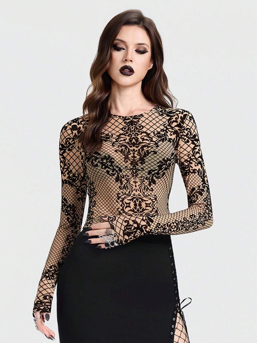 Women's Gothic Dark Style Front Panel Flocked Mesh Round Neck Long Sleeve Fitted Sexy Top, Suitable For Daily Outings And Festivals - Apricot - View 1