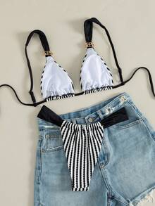 Swim Vcay Women's Spring/Summer Beach Striped Jacquard Fabric Color Block Metallic Accessories Wide Strap Thong Bikini Set - Cute Casual Style - Multicolor - View 2