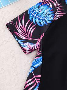 SHEIN 少女休闲度假泳装夏季沙滩黑色拼接豹纹拉链连体泳衣，夏季沙滩 - 黑色 - 查看 4