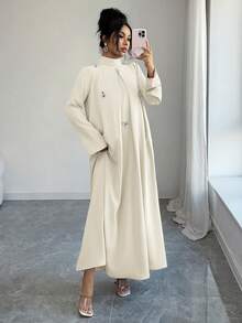 Yasmyna 女士优雅长袖阿拉伯风格连衣裙，饰有水钻，秋季款 - 杏色 - 查看 6