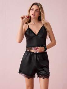 Bonmuse 蕾丝边缎面吊带背心和短裤睡衣套装/睡衣套装 - 黑色 - 查看 1