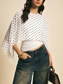 Poéselle 女士优雅波点印花拼接不对称下摆衬衫，夏季 - 白色 - 查看 1