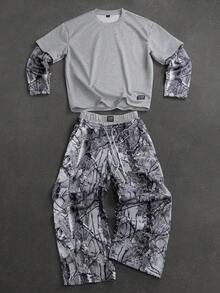 PAVTROS Men's Letter Print 2 In 1 Long Sleeve T-Shirt And Drawstring Waist Casual Pants Set - Grey - View 1