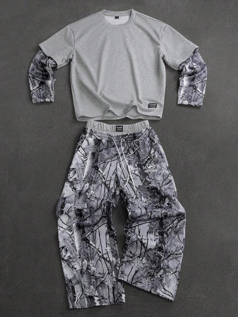 PAVTROS Men's Letter Print 2 In 1 Long Sleeve T-Shirt And Drawstring Waist Casual Pants Set - Grey - View 1