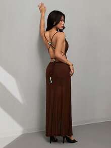 SHEIN PETITE Đầm nữ hở lưng với cổ yếm và lưng đính hạt, màu nâu, đầm đi nghỉ mát, thích hợp cho kỳ nghỉ biển và du lịch thường ngày. - màu nâu - Xem 2