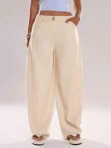 Avantive 女士口袋纽扣休闲百搭日常阔腿裤 - 杏色 - 查看 3