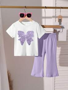 Set de 2 piezas: Camiseta morada con decoración de lazo y pantalones acampanados para niñas pequeñas, conjunto versátil y a juego, adecuado para uso diario, casual y cómodo para el hogar o salidas - Multicolor - Ver 4