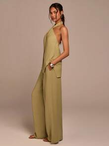 COSMINA Women's Solid Color Halter Backless Top And Wide Leg Pants Casual 2 Pieces Set Women's Two Pieces Set,Vacation Outfits Women - Green - View 3