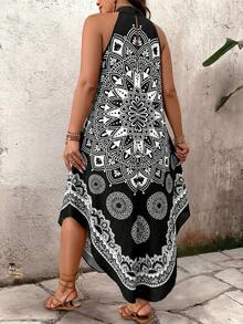 Breezaya Plus Size Women's Spring/Summer Black & White Retro Print Loose Casual Fashion Halter Maxi Dress, Stand Collar, Asymmetric Hem, Commute & Daily Wear - Multicolor - View 2