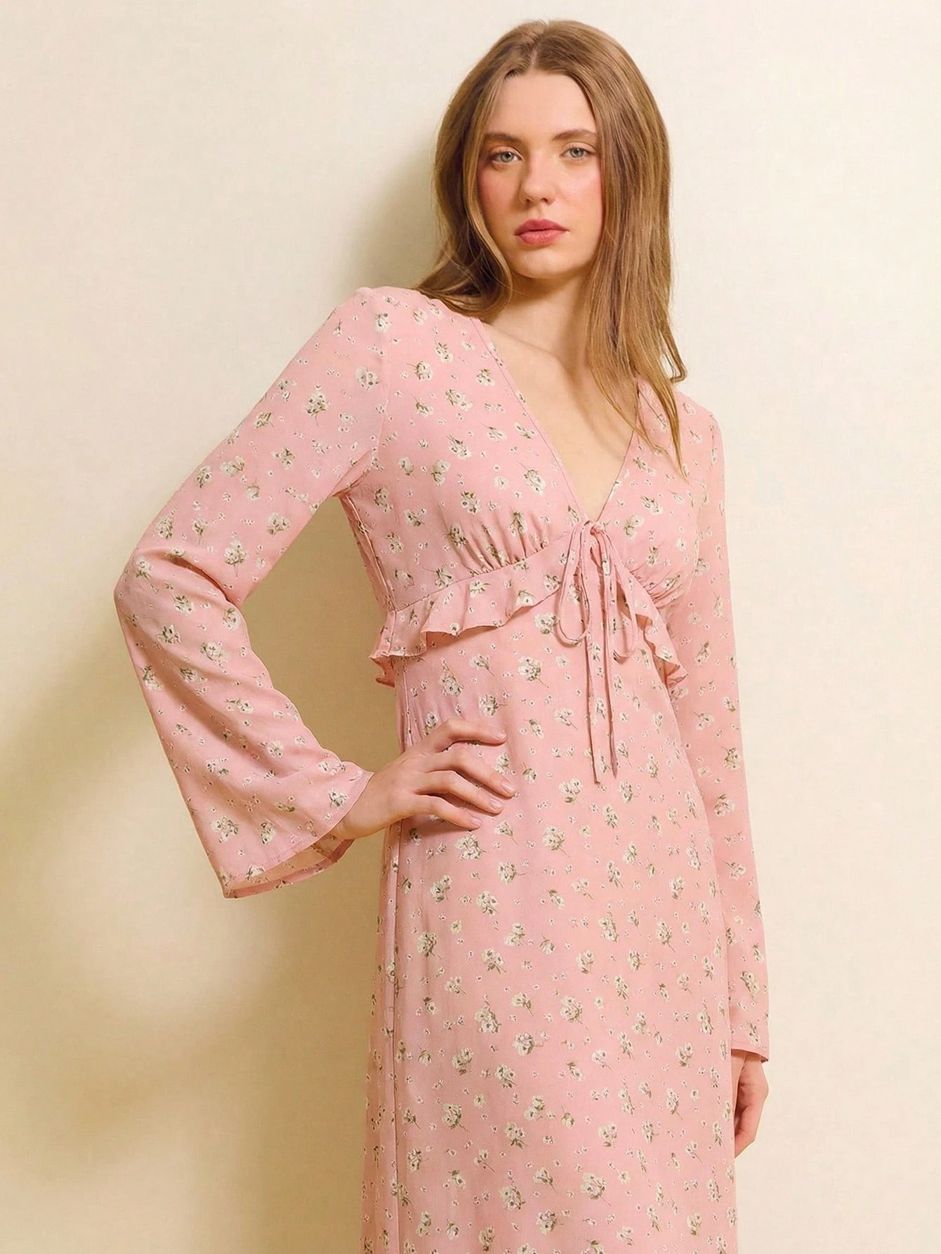 Pink Floral Print V-Neck Tie-Front Midi Dress With Ruffled Details And Long Sleeves Wedding Guest Outfits For Women Womens Dress Formal Wear Women S Spring Dress