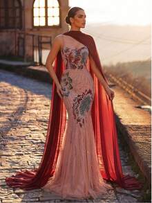 Glamrae Elegant Luxurious Colorful Beaded Sequin Embroidered Shoulder Strap Mermaid Dress With Detachable Jacket,Heavy Embellishment Formal Wedding Gala Gown - Multicolor - View 2