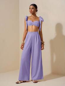 Zivah Beach New Spring And Summer Casual Holiday Bowknot Shoulder Straps Chest-Wrapped Heart Collar Cropped Top + Wide-Leg Super Trousers Apricot Women's Two Pieces Se,Textured Fabric Material - Mauve Purple - View 4