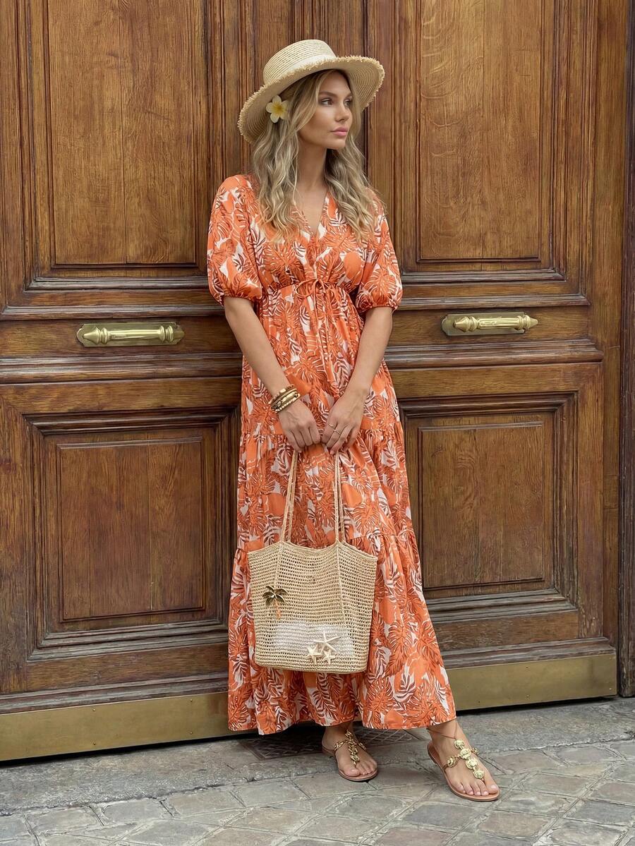 Hansera 女士夏季海滩度假热带印花V领花瓣袖层叠下摆连衣裙 - 彩色 - 查看 1