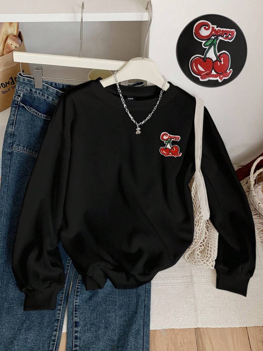 Attitoon Hanorac casual pentru femei, cu mânecă lungă, cu gât rotund, cu model brodat de cireșe - Negru - Vizualizare 1