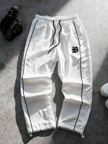 Sport MetroGents 男士白色梭织长款运动裤，带抽绳腰带，适合慢跑健身，黑白长款运动裤，健身裤，休闲裤 - 白色 - 查看 1