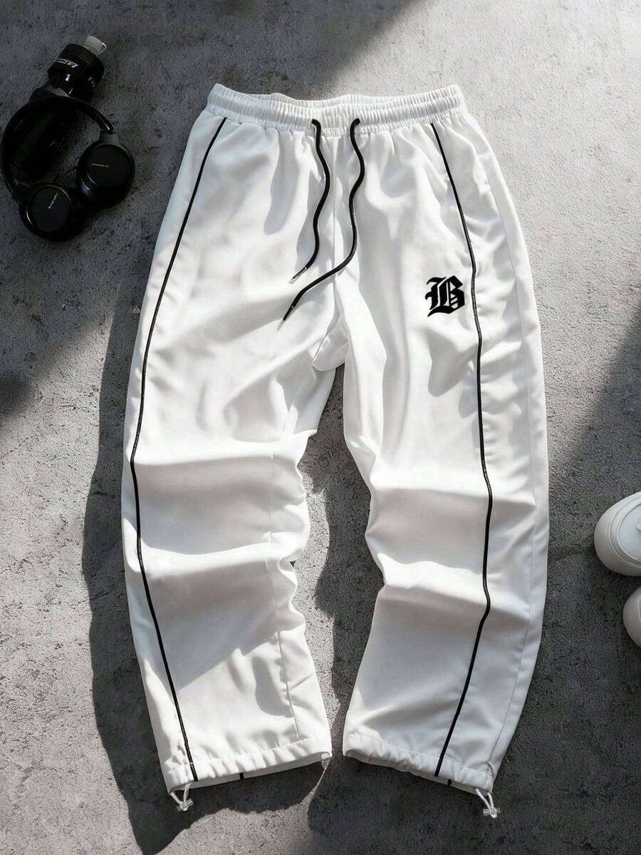 Sport MetroGents 男士白色梭织长款运动裤，带抽绳腰带，适合慢跑健身，黑白长款运动裤，健身裤，休闲裤 - 白色 - 查看 1