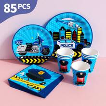 蓝色背景星空城市车站一次性餐盘、餐巾纸和杯子套装，可供20位客人使用。这款一次性派对套装（包括餐盘、餐巾纸和杯子）非常适合生日派对、婚礼和家庭野餐。 - 查看 1