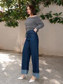 Bris Aura 女士休闲新款时尚经典蓝色直筒牛仔裤，带口袋 - 寶藍色 - 查看 5