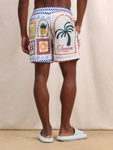 SUMWON 男士直筒泳裤，复古旅行邮票印花，夏季沙滩短裤，带侧袋，热带度假泳装 - 彩色 - 查看 2