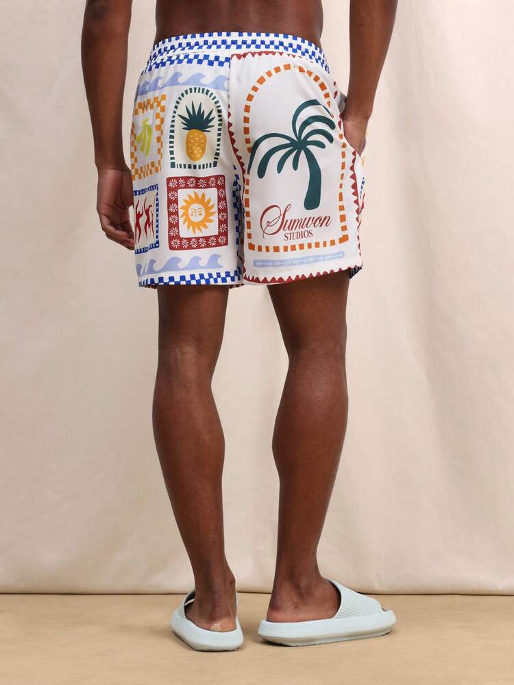 Herren Badeshorts mit geradem Saum und Vintage Reisestempel Muster, Sommer Strandshorts mit Seitentaschen, tropische Urlaubsbekleidung