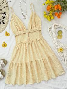 Travachic 2026 New Women's Romantic Cutout V-Neck Solid Color Textured Mini Dress For Vacation,Summer Dresses For Women - Light Yellow - View 1