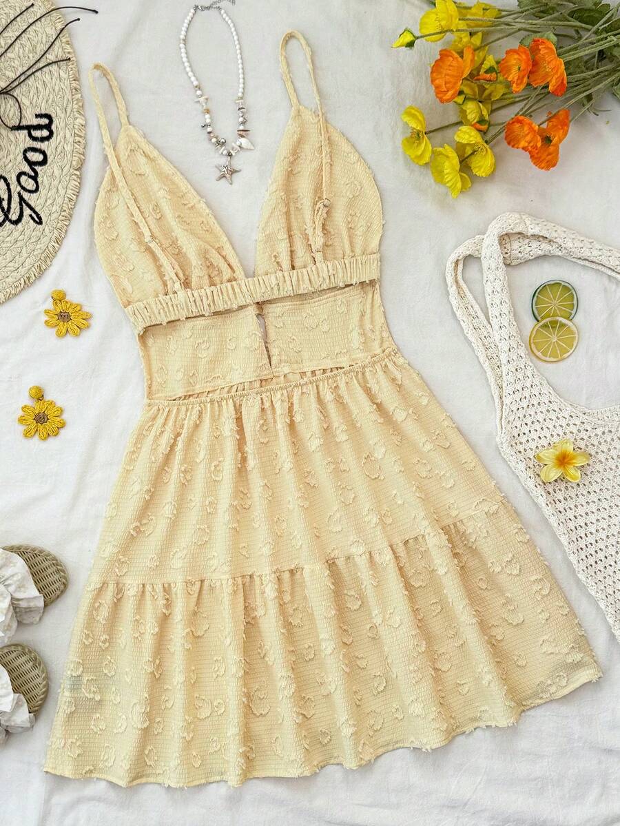 Travachic 2026 New Women's Romantic Cutout V-Neck Solid Color Textured Mini Dress For Vacation,Summer Dresses For Women - Light Yellow - View 1