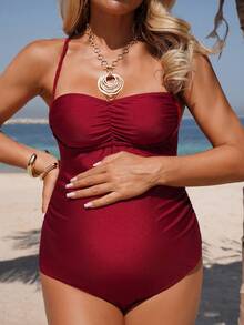 Swim Vcay Maternity Solid Color Ruched One-Piece Swimsuit - Multicolor - View 5