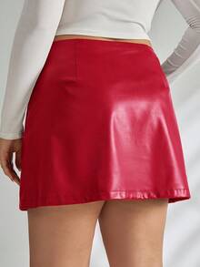 SHEIN Tall CURVE 大码修身低腰迷你裙、皮裙、秋季半裙 - 紅色 - 查看 2