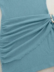 Olithes Đầm nữ thời trang mới mùa xuân/hè, gợi cảm, thanh lịch, ôm sát cơ thể, cổ cao, khóa kim loại, xếp ly, không tay. - Màu xanh lam - Xem 3